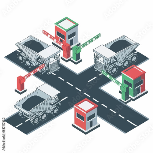 Isometric view of mining trucks at a checkpoint.