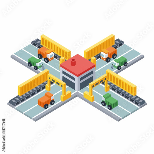 Isometric View of Shipping Yard with Trucks.