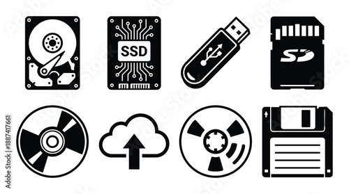 Storage media icons with hard drive, SSD, USB, SD card, CD, cloud, tape, floppy disk illustration