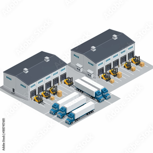 Isometric Warehouses with Trucks and Forklifts Illustration.