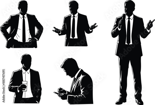 Businessman silhouettes in suits presenting and speaking, professional corporate leader poses set isolated on white background for business, leadership, and communication concepts