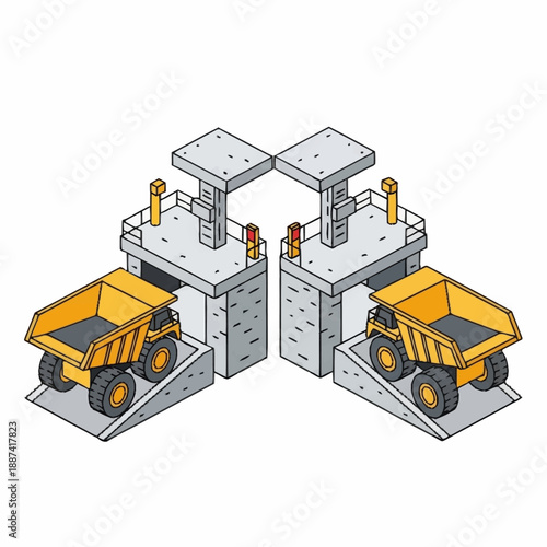 Yellow Dump Trucks Loading at Facility.