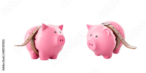 Tableau sur toile Two pink piggy banks tightly cinched with brown leather belts, glossy 3D Renderi