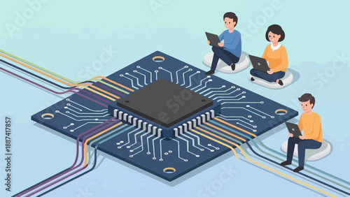 People interact with technology, sitting on clouds near a large computer chip