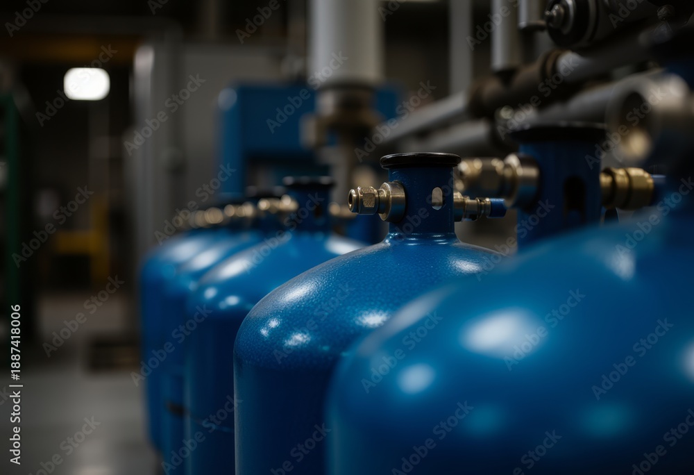 Fototapeta premium Reihenweise angeordnete blaue Gasflaschen in industrieller Umgebung mit Ventilen und Armaturen, Symbol für moderne Energieversorgung, technische Infrastruktur, Sicherheit und professionelle Industriep