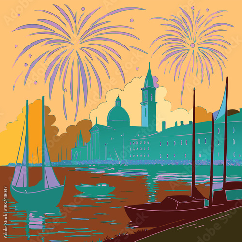 Vector illustration of the ancient Venice Italy skyline at sunset featuring architectural icons like a church and tower silhouettes by the sea for travel and tourism design
