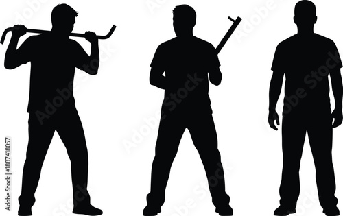 Construction worker silhouettes with tools, manual labor and industry concept, strong male figures holding crowbar and wrench isolated on white background