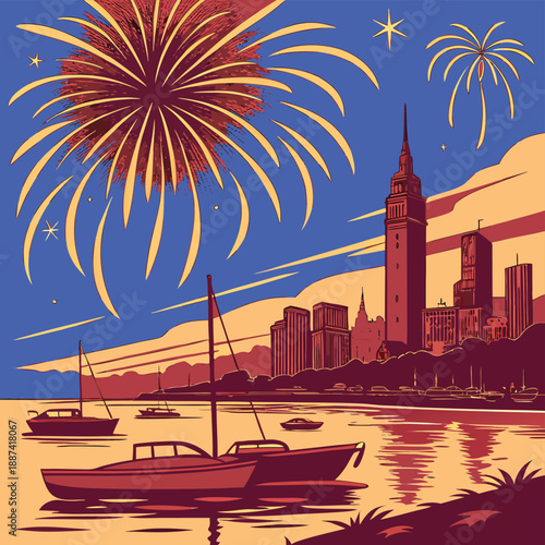 A vibrant New York City skyline glows at sunset as a travel boat cruises across the river under a summer sky reflecting the city architecture at dusk