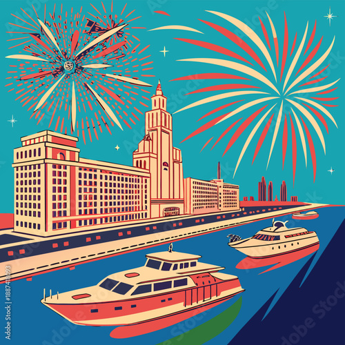 Vector illustration of London and Moscow skylines featuring iconic architecture, skyscrapers, and landmarks along the river with boats and bridges under a clear city sky