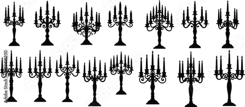 Elegant vintage candelabra silhouettes collection with ornate candle holders, classic baroque decor elements, decorative lighting set isolated on white background