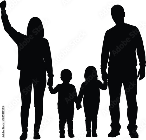 Family silhouettes with parents and children holding hands, happy togetherness and unity concept, loving household walking forward isolated on white background