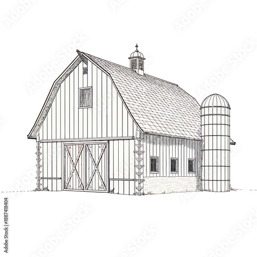 Barn illustration with silo, rural farmhouse scene in detailed line art, countryside viewpoint