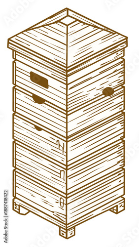 A detailed illustration of a beehive with multiple stacked boxes