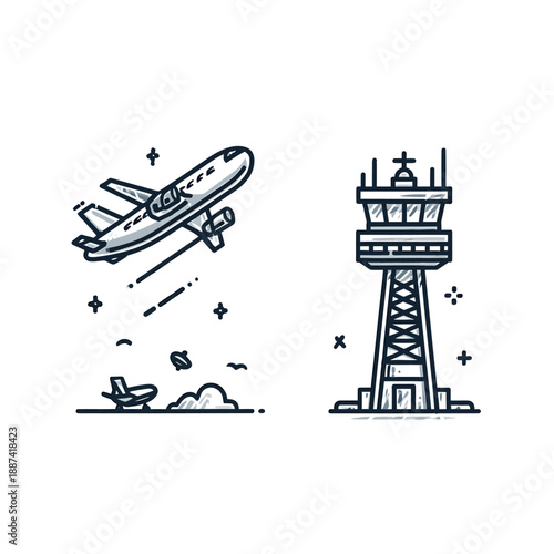 Airplane taking off near airport control tower illustration
