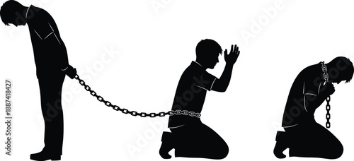 Human slavery and oppression silhouettes with chained people in kneeling poses, concept of captivity, injustice, control, suffering, and human rights violation illustration