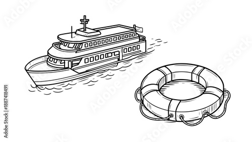 A cruise ship sails across the ocean with a life preserver floating nearby, illustration, vector graphic, calm sea, side view