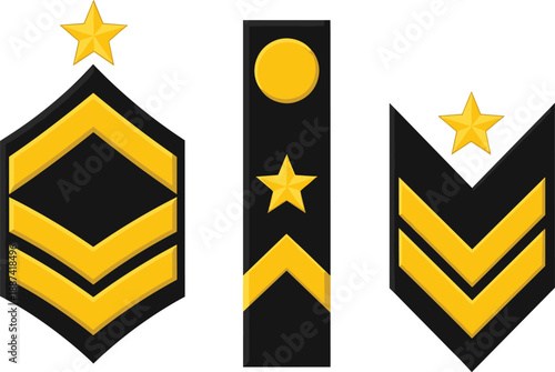 Military rank insignia badges with gold stars and chevrons, modern army and police hierarchy symbols illustration isolated on white background