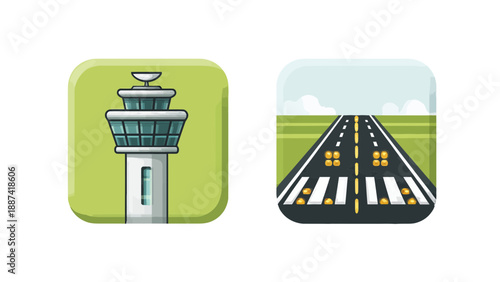 Airport control tower and runway illustration with green landscape and white clouds