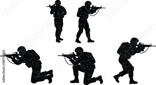 Military soldier silhouettes with rifles in tactical combat poses, modern armed forces action set isolated on white background for defense and security concepts