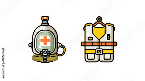 Medical icons representing aid kit and life jacket, symbols of safety and rescue, in a simple line art style