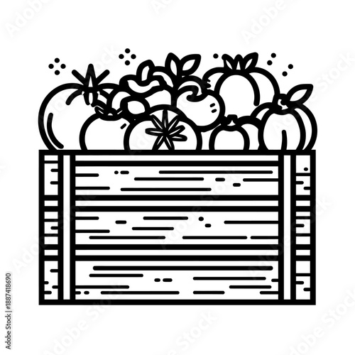 Various vegetables and fruits in a wooden crate viewed from the front