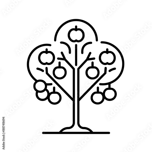 Vector illustration of a stylized tree with apples, symbolizing nature and simplicity in a minimalist design concept inspired by 'proses.eps' style