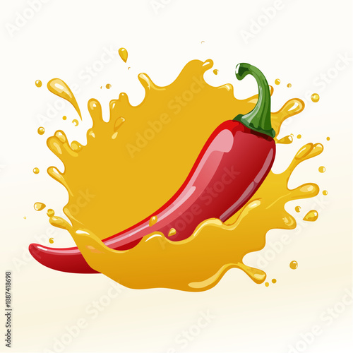 Dynamic red chili pepper splashes into liquid, creating droplets and bursts of color against bright yellow background.