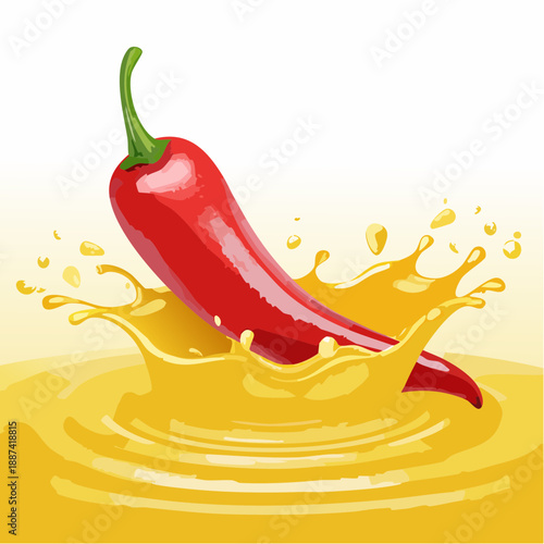 Dynamic red chili pepper splashes into liquid, creating droplets and bursts of color against bright yellow background.