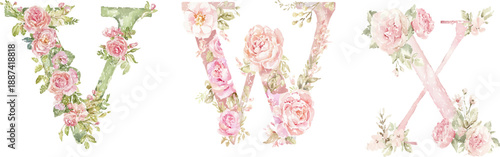 Floral Elegance: Decorative watercolor floral letters, each meticulously adorned with blossoming roses and lush foliage, exuding timeless grace and refined artistry.
