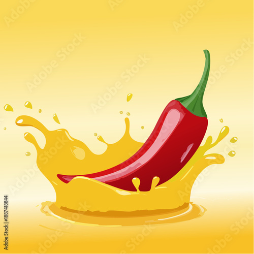 Dynamic red chili pepper splashes into liquid, creating droplets and bursts of color against bright yellow background.
