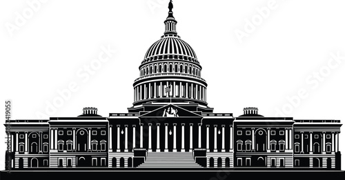 United States Capitol building silhouette illustration, iconic Washington DC government landmark representing democracy, politics, and national authority isolated on white background