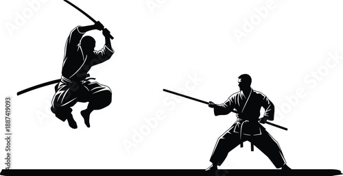 Samurai martial arts silhouettes fighting with swords in dramatic duel, traditional Japanese combat action scene isolated on white background illustration