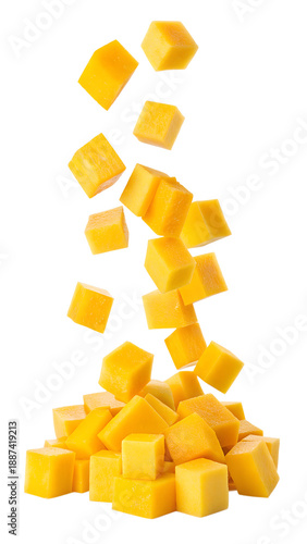 Bright falling mango fruit cubes. Isolated on Transparent Background