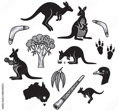 Collection of Australian animals and cultural symbols including kangaroos, emu, eucalyptus, boomerangs, and didgeridoo.