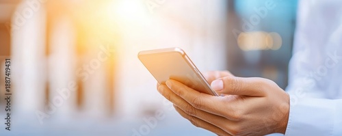 person holding a smartphone outdoors, with a bright background and a soft glow, indicating a moment of modern communication and connectivity.