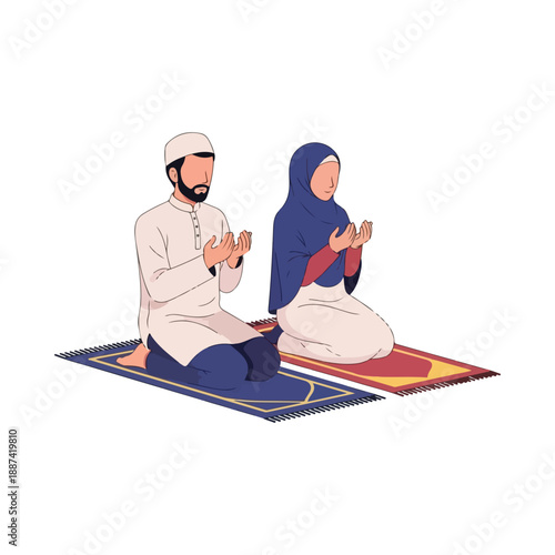 Muslim Couple Praying Kneeling on Mats Vector Illustration