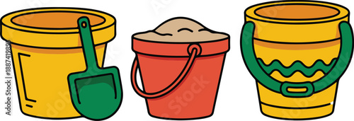 Kids Beach Sand Toys Vector Set Buckets, Shovel, and Summer Fun
