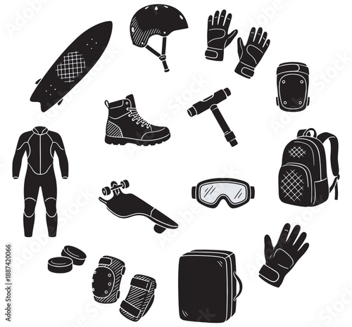 Collection of skateboarding and extreme sports equipment, including protective gear and accessories, illustrated in a simple black and white style.