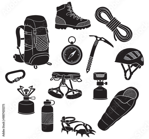 Collection of climbing and mountaineering equipment arranged in a circle, including a backpack, boots, rope, ice axe, helmet, harness, stove, water bottle, sleeping bag, crampons, and compass.