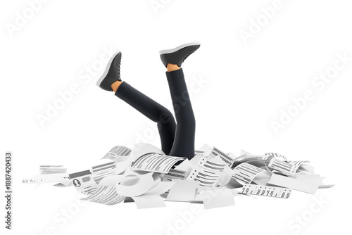 Legs sticking out from messy pile of paper documents, 3D rendering style, isolated on white background. Concept of document overload or office stress