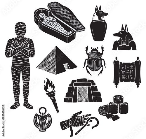 Collection of Egyptian Hieroglyphs and Symbols including a Mummy, Sarcophagus, Pyramid, and Anubis.