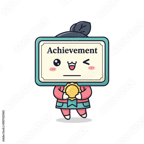 Character celebrating achievement with medal and certificate
