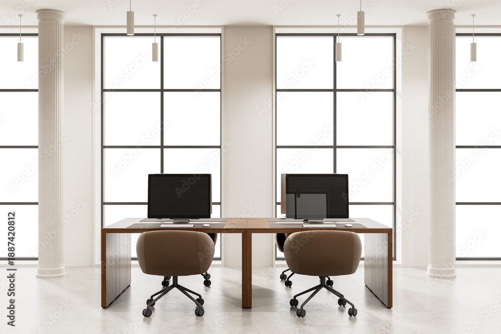 Naklejka premium Two computer desks with brown chairs in a modern empty office interior, large grid windows, minimal decor, white background, workspace concept, 3D Rendering
