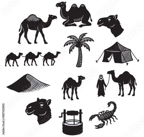 A collection of black and white vector silhouettes depicting desert life, including camels, a palm tree, a tent, a sand dune, a well, a scorpion, and desert people.