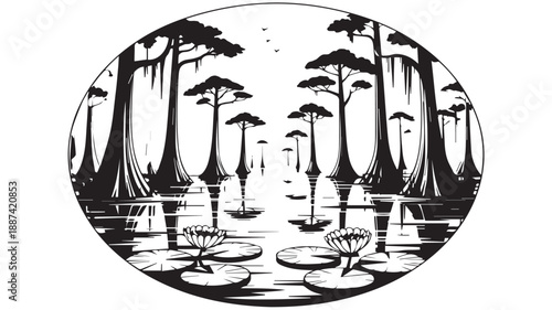 Black and white decorative illustration of a tranquil swamp, featuring towering trees and elegant water lilies reflecting in calm waters, within an oval frame, conveying natural serenity