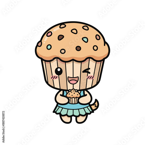 Cute cartoon muffin character holding muffin
