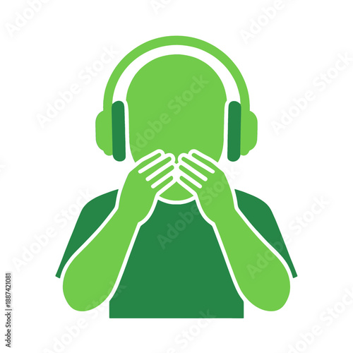 Green vector icon of a person wearing headphones and covering their eyes