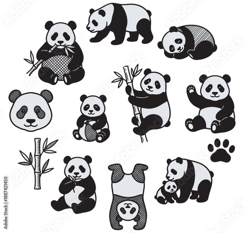 A collection of cute giant pandas in various poses, including eating bamboo, sleeping, climbing, and playing, with a bamboo stalk and paw print.