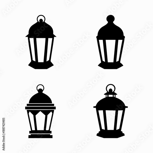 Set of four decorative black lantern icons for Ramadan Kareem and Islamic celebrations isolated on white background.