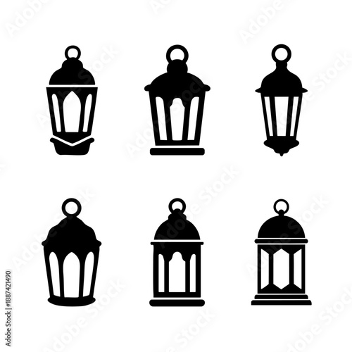 Set of traditional black lantern icons for Ramadan and Islamic holiday decoration isolated on white background.